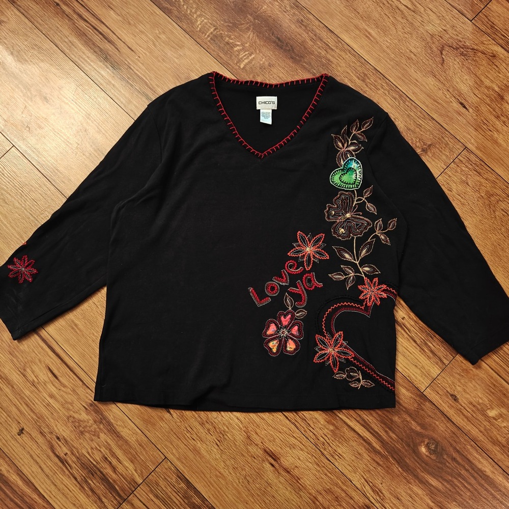 Y2K Embroidered 3/4 Length Sleeve Black V-Neck Womens 2 90's Embellished Love Ya